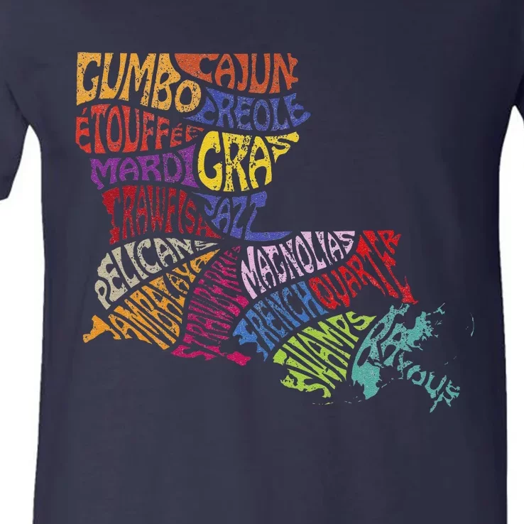 Louisiana State Map Mardi Gras Creole Cajun Culture V-Neck T-Shirt