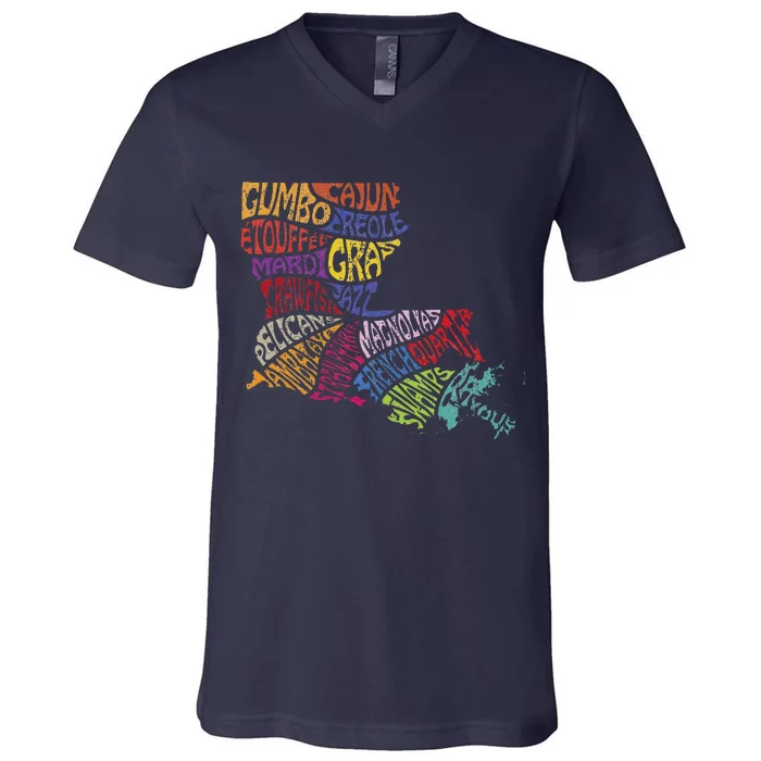 Louisiana State Map Mardi Gras Creole Cajun Culture V-Neck T-Shirt