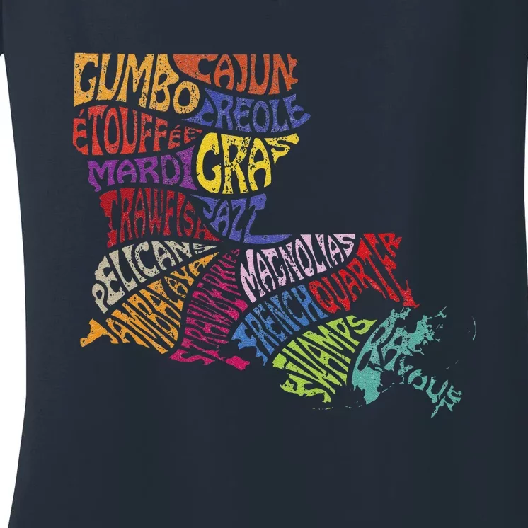 Louisiana State Map Mardi Gras Creole Cajun Culture Women's V-Neck T-Shirt