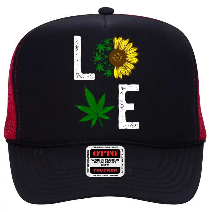 Love Sunflower Marijuana Weed Leaf Cannabis 420 Pot Smoker High Crown Mesh Trucker Hat