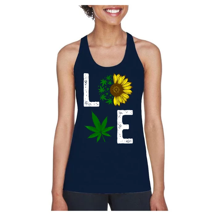 Love Sunflower Marijuana Weed Leaf Cannabis 420 Pot Smoker Women's Racerback Tank