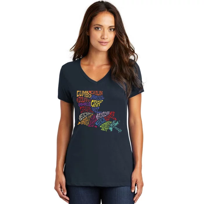 Louisiana State Map Mardi Gras Creole Cajun Culture Women's V-Neck T-Shirt