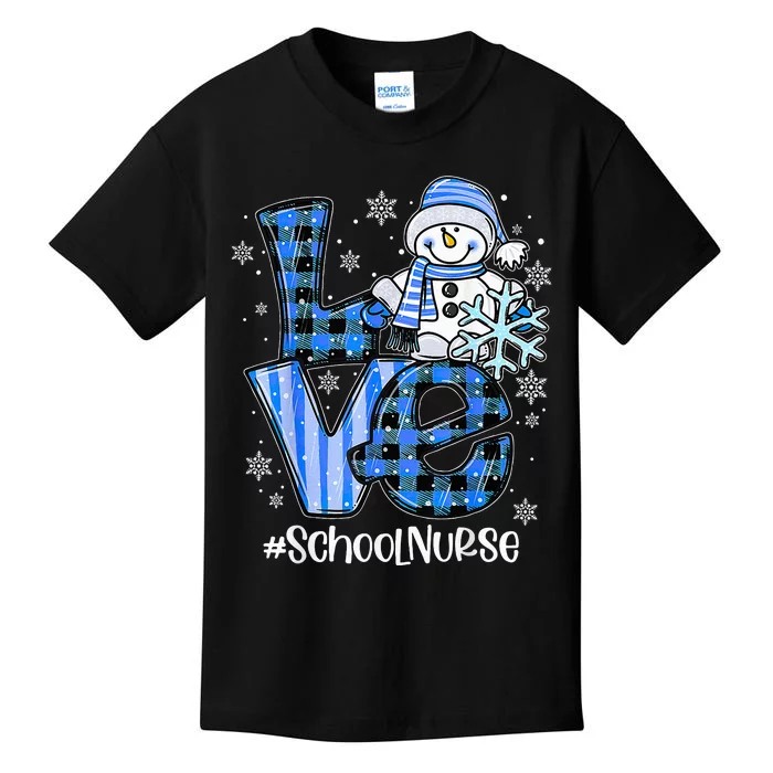 Love School Nurse Snowman Winter Christmas Funny Plaid Kids T-Shirt