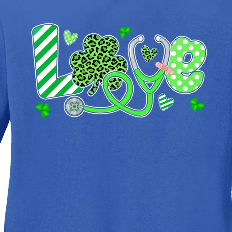 Love Stethoscope Nurse Leopard St Patricks Day Shamrock Gift Ladies Long Sleeve Shirt