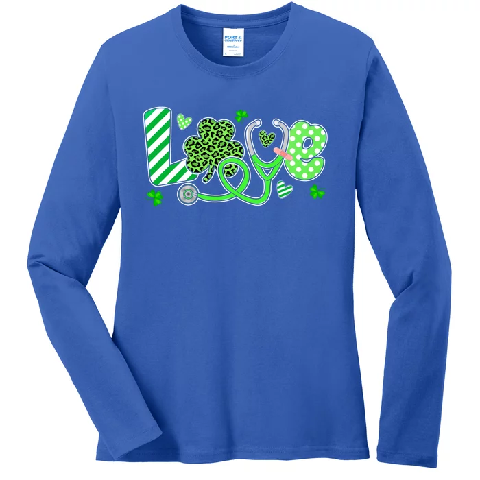 Love Stethoscope Nurse Leopard St Patricks Day Shamrock Gift Ladies Long Sleeve Shirt