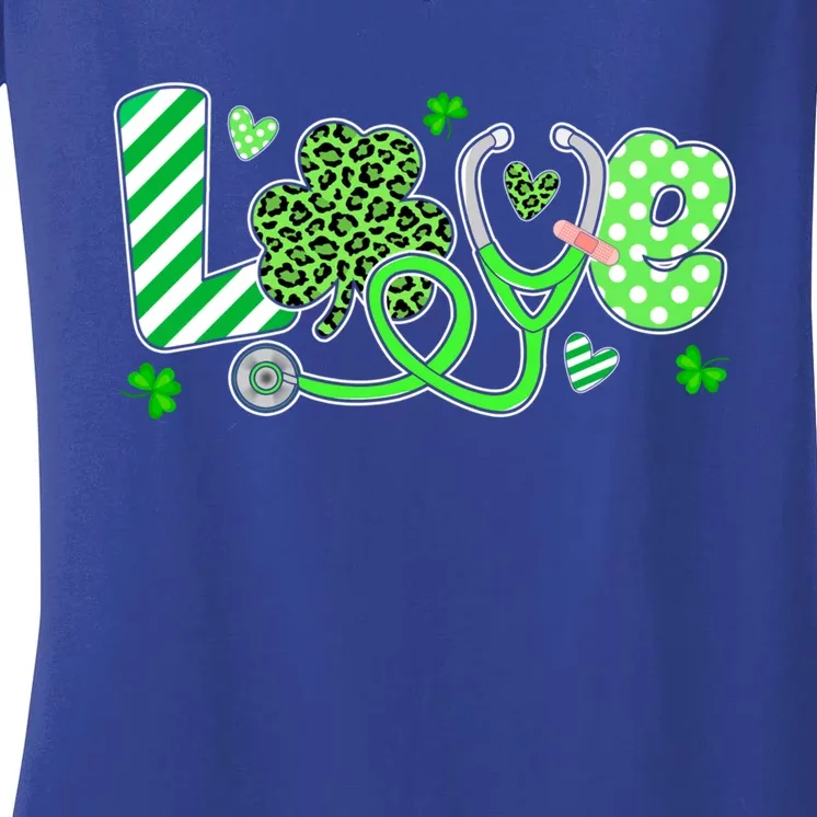 Love Stethoscope Nurse Leopard St Patricks Day Shamrock Gift Women's V-Neck T-Shirt