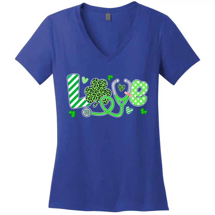 Love Stethoscope Nurse Leopard St Patricks Day Shamrock Gift Women's V-Neck T-Shirt