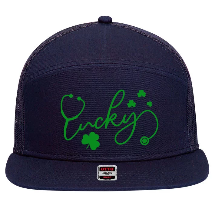 Lucky Stethoscope Nurse Lover Shamrock Irish Patrick's Day Funny Gift 7 Panel Mesh Trucker Snapback Hat