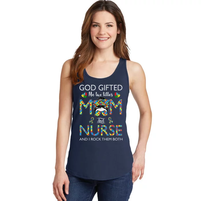 Love Stethoscope Nurse Life Messy Bun Mom Autism Awareness Ladies Essential Tank