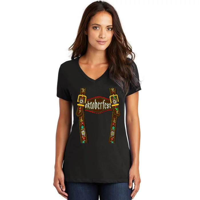 Lederhosen Suspenders Oktoberfest Bavarian Munich Beer Women's V-Neck T-Shirt