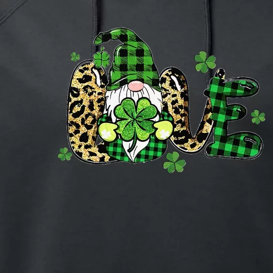 LOVE St Patricks Day Gnomes Shamrock For Women Performance Fleece Hoodie