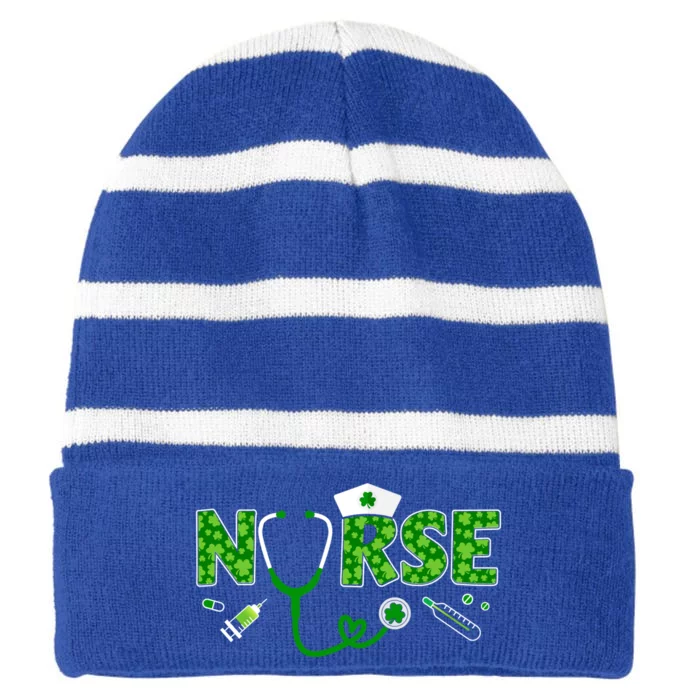 Lucky St Patricks Day Nurse In Clinic Or Hospital Funny Gift Striped Beanie with Solid Band