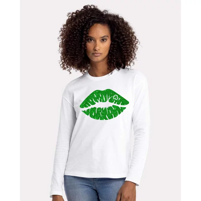 Lucky St Patrick's Day Lips Kiss Womens Cotton Relaxed Long Sleeve T-Shirt