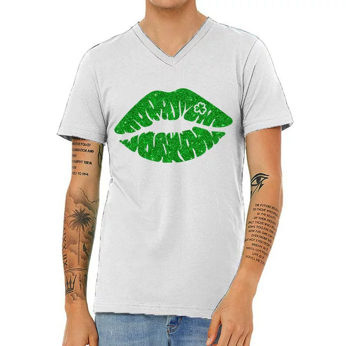 Lucky St Patrick's Day Lips Kiss V-Neck T-Shirt