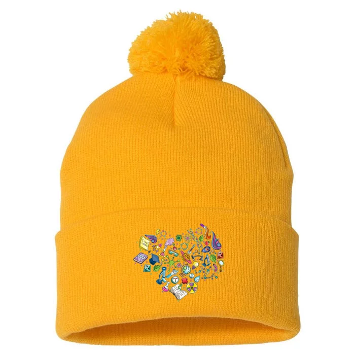 Love Science Pattern Heart Pom Pom 12in Knit Beanie