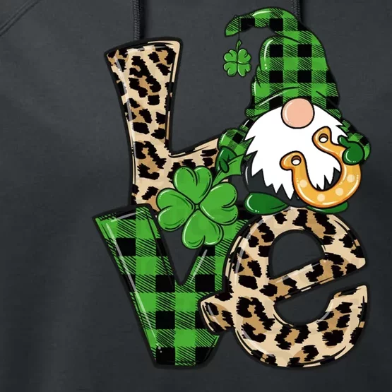 Love St Patricks Day Leopard Checkered Irish Gnome Performance Fleece Hoodie