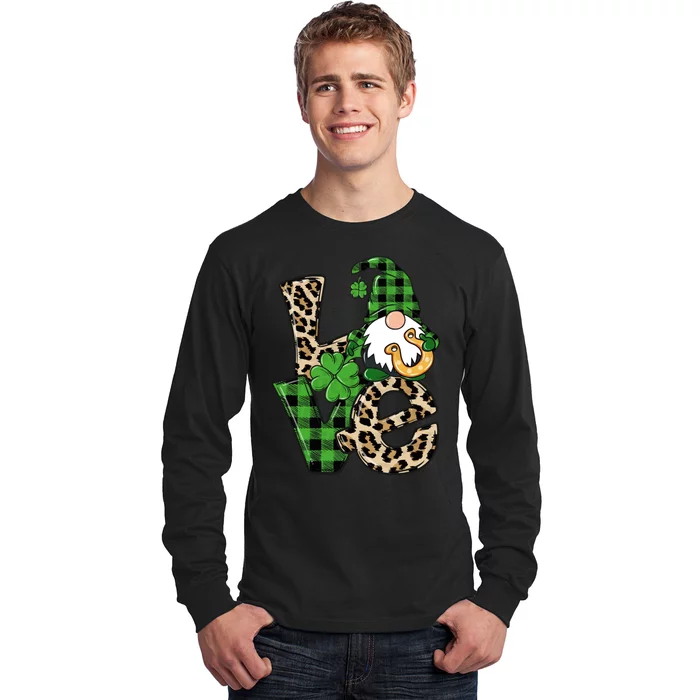 Love St Patricks Day Leopard Checkered Irish Gnome Long Sleeve Shirt