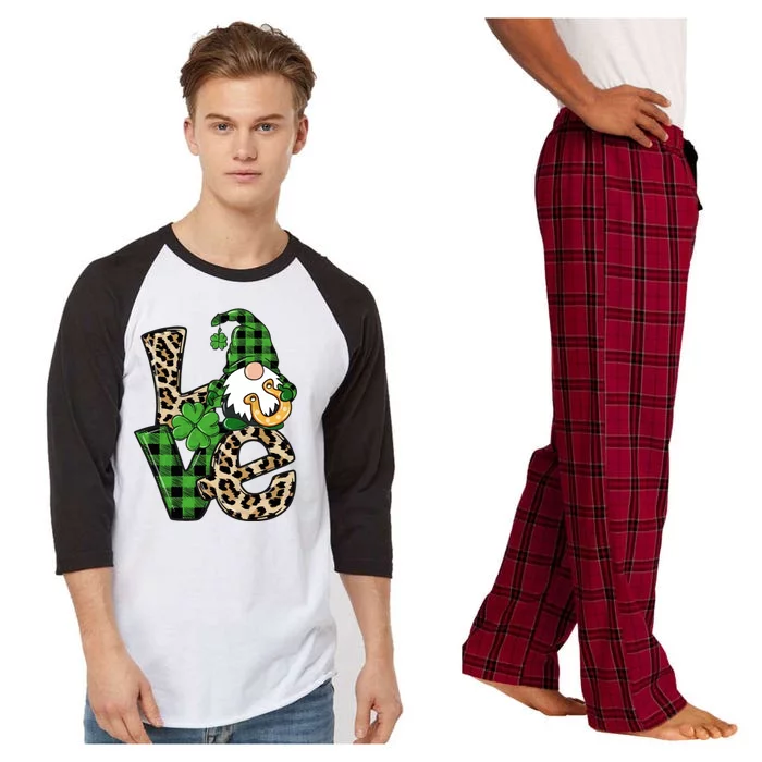 Love St Patricks Day Leopard Checkered Irish Gnome Raglan Sleeve Pajama Set