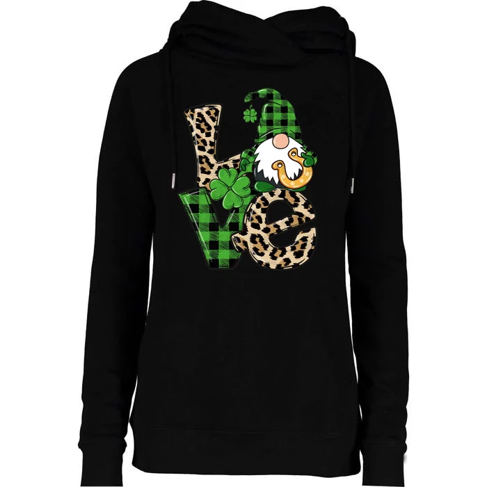 Love St Patricks Day Leopard Checkered Irish Gnome Womens Funnel Neck Pullover Hood