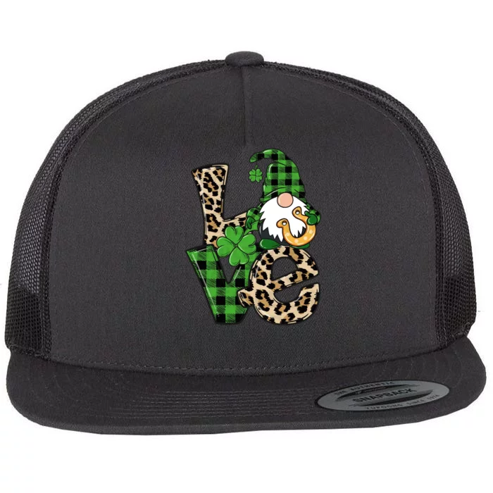 Love St Patricks Day Leopard Checkered Irish Gnome Flat Bill Trucker Hat