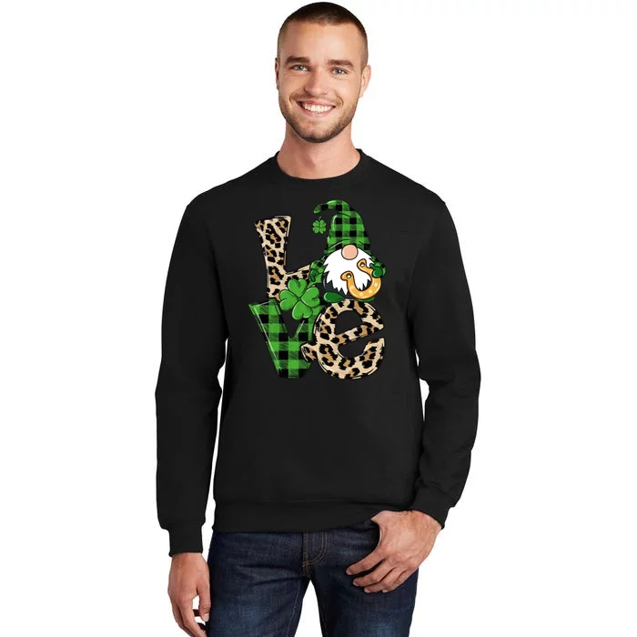 Love St Patricks Day Leopard Checkered Irish Gnome Tall Sweatshirt