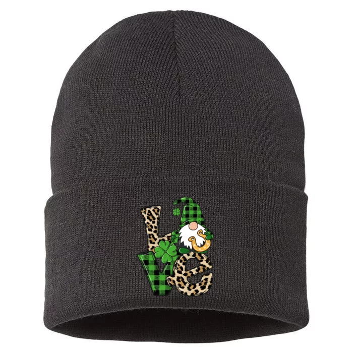 Love St Patricks Day Leopard Checkered Irish Gnome Sustainable Knit Beanie