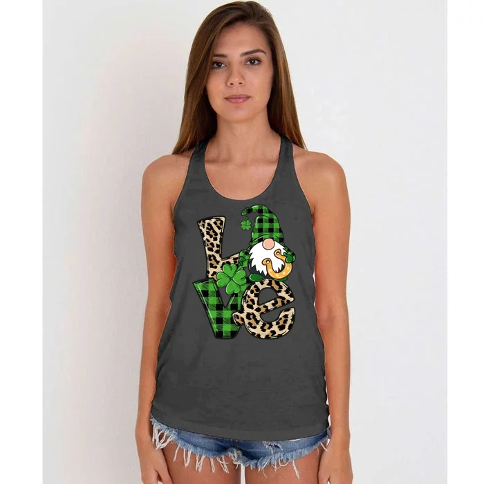 Love St Patricks Day Leopard Checkered Irish Gnome Women's Knotted Racerback Tank