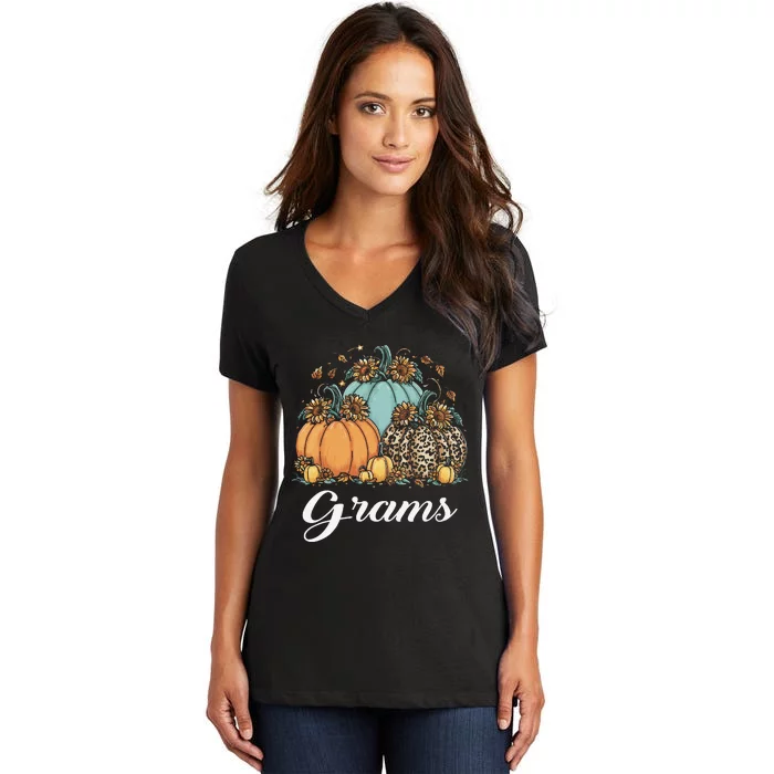 Leopard Sunflower Pumpkin Grams Halloween Women's V-Neck T-Shirt