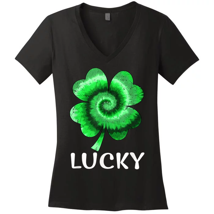 Lucky St Patrick's Day St Paddy's Outfit Shamrock Tie Dye Women's V-Neck T-Shirt