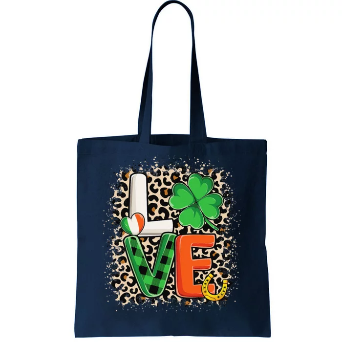 Love St. Patricks Day Shamrock Irish Leopard Print Plaid Tote Bag