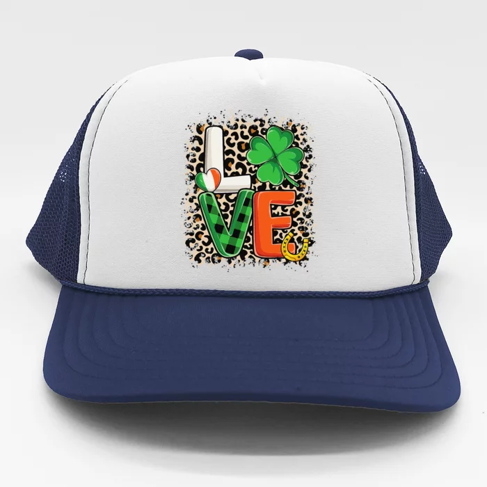 Love St. Patricks Day Shamrock Irish Leopard Print Plaid Trucker Hat