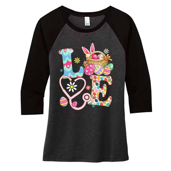 Love Stethoscope Scrub Life Nurse Bunny Easter Day Outfit Women's Tri-Blend 3/4-Sleeve Raglan Shirt