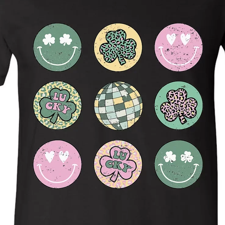 Lucky Shamrock Smile Face Disco Groovy St Patricks Day V-Neck T-Shirt