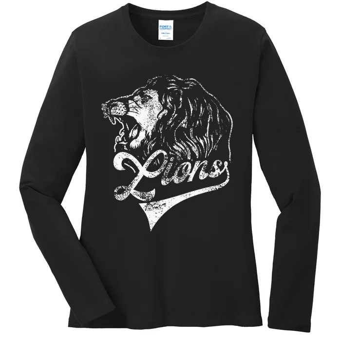 Lions School Sports Fan Team Spirit Mascot Vintage Ladies Long Sleeve Shirt