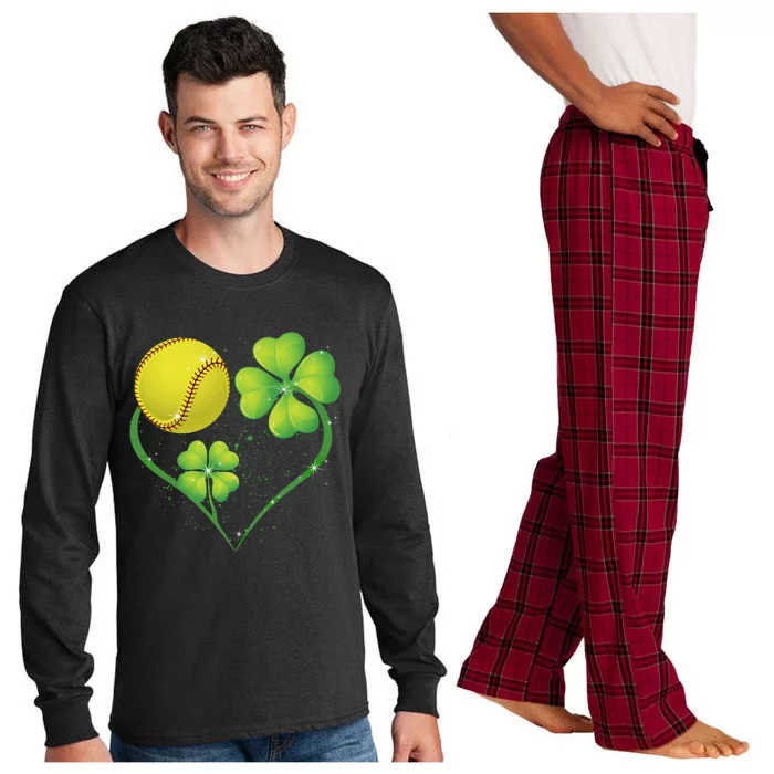 Love Softball Shamrock Clover Saint Patrick's Day Gift Long Sleeve Pajama Set