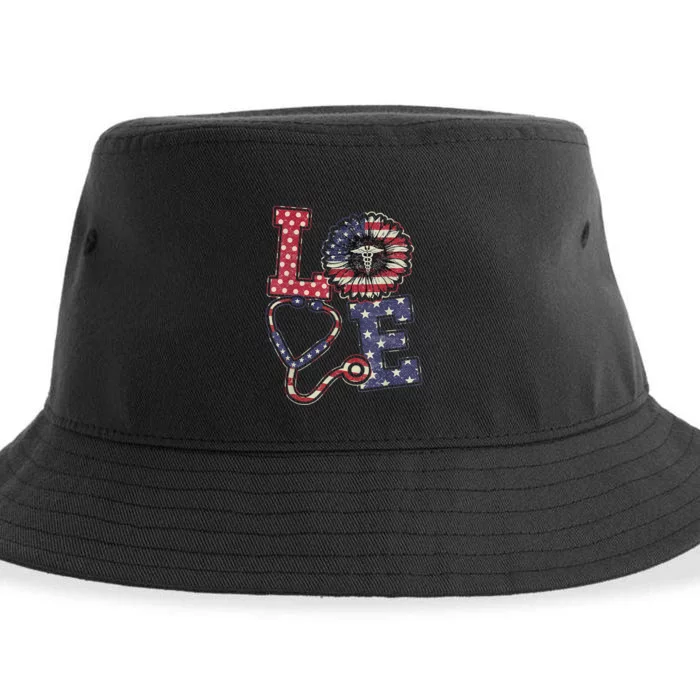 Love Sunflower Stethoscope Nurse Day 4th Of July Nurse Life Sustainable Bucket Hat