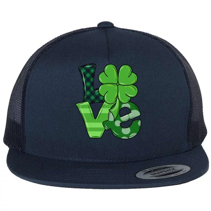 Love Shamrock St Patricks Day Flat Bill Trucker Hat