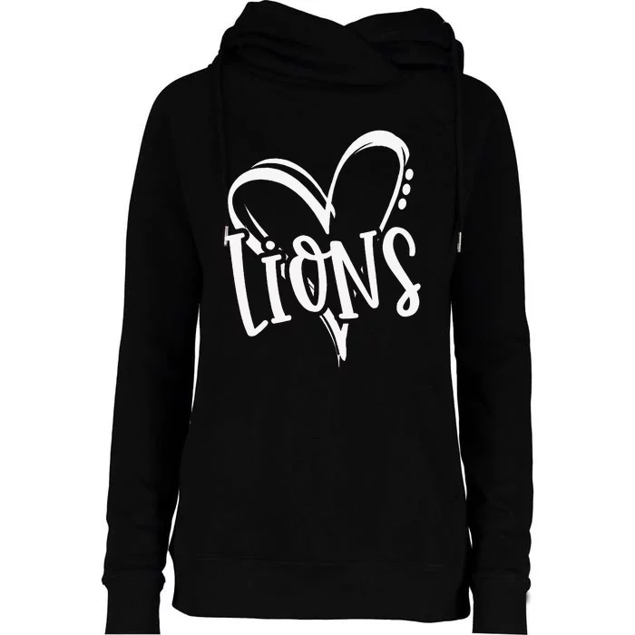 Lions School Sports Fan Team Spirit Heart Womens Funnel Neck Pullover Hood