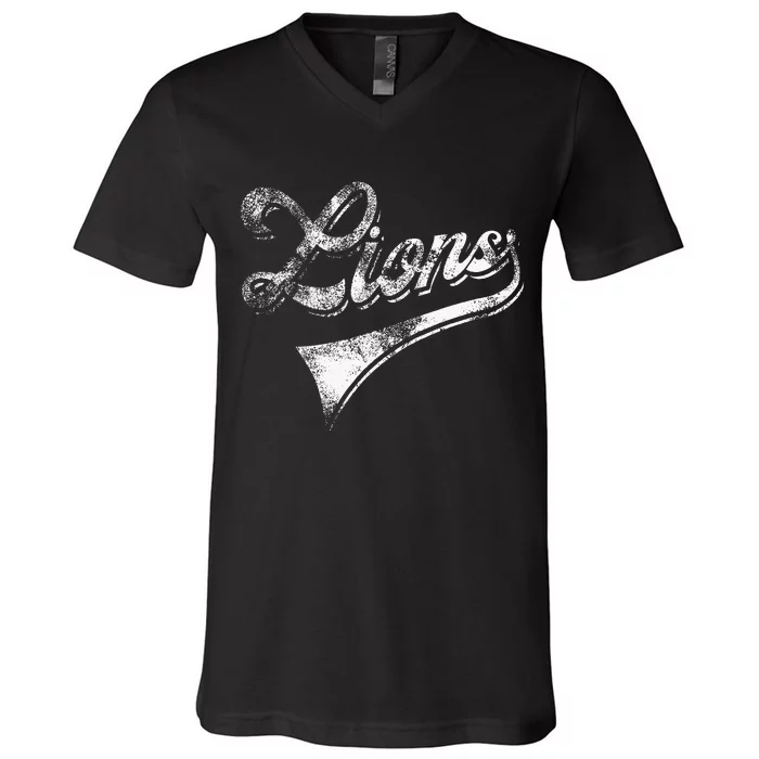 Lions School Sports Fan Team Spirit Mascot Vintage V-Neck T-Shirt