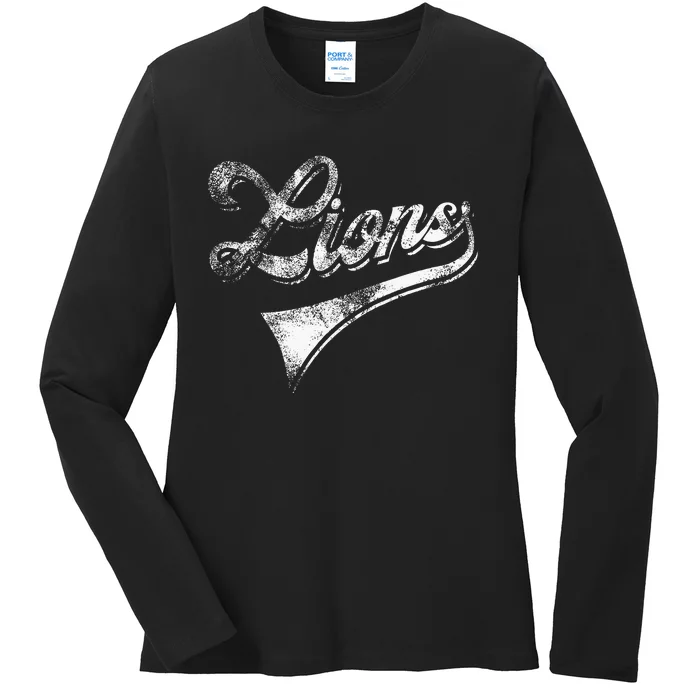 Lions School Sports Fan Team Spirit Mascot Vintage Ladies Long Sleeve Shirt