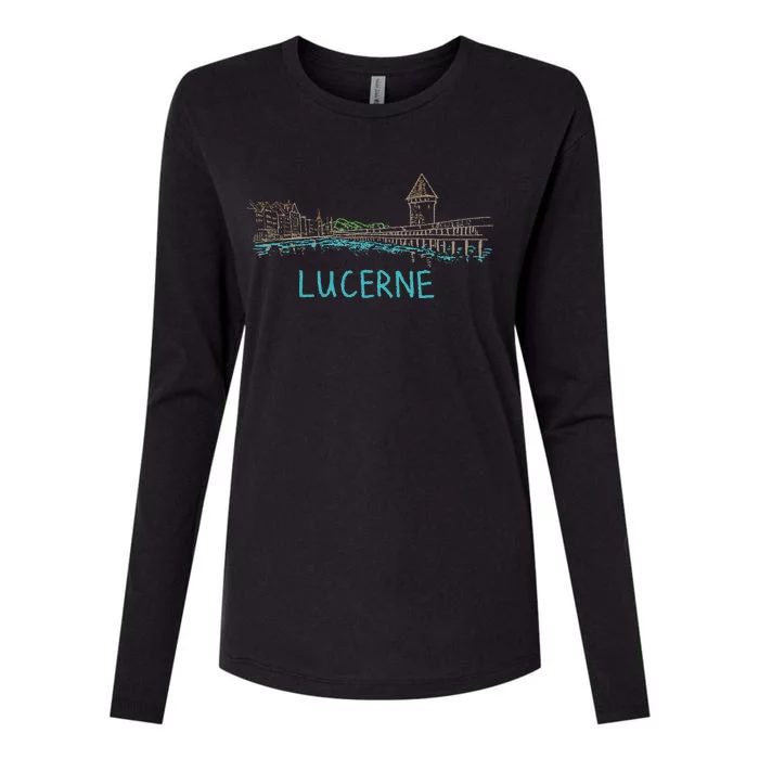 Lucerne Switzerland Unique Hand Drawn Art Gift Womens Cotton Relaxed Long Sleeve T-Shirt