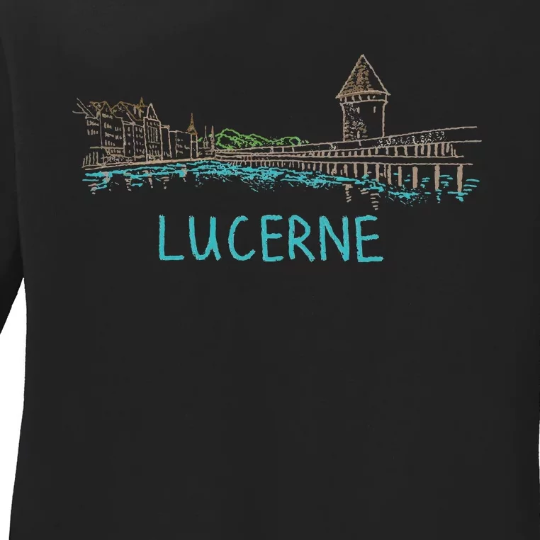 Lucerne Switzerland Unique Hand Drawn Art Gift Ladies Long Sleeve Shirt