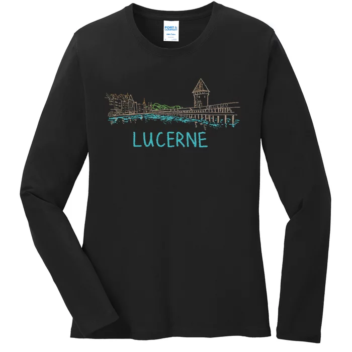 Lucerne Switzerland Unique Hand Drawn Art Gift Ladies Long Sleeve Shirt