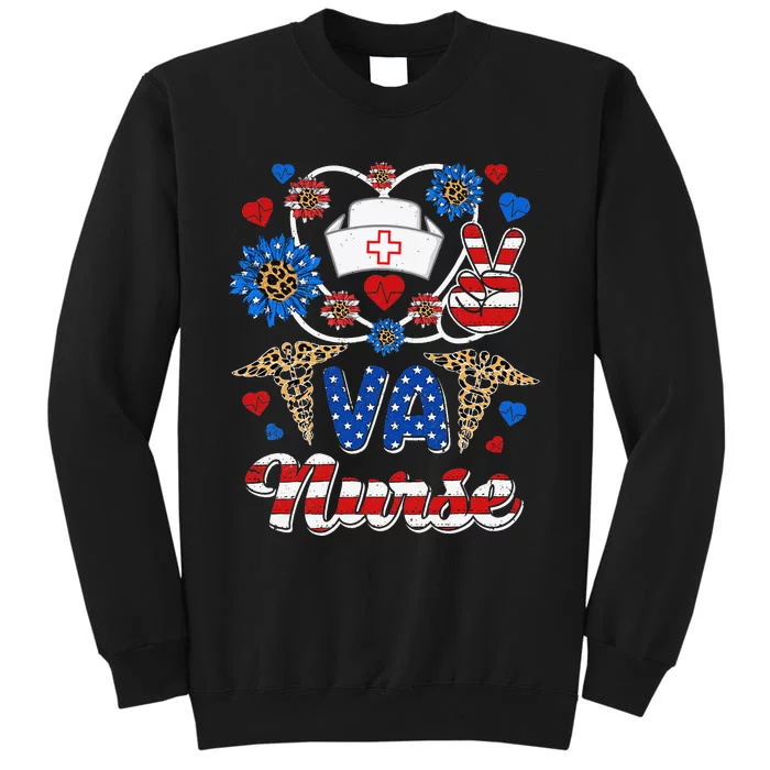 Leopard Sunflower VA Nurse American Flag Funny 4th Of July Tall Sweatshirt