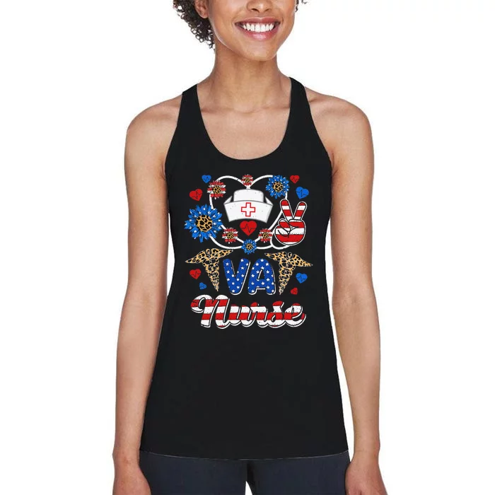 Leopard Sunflower VA Nurse American Flag Funny 4th Of July Women's Racerback Tank