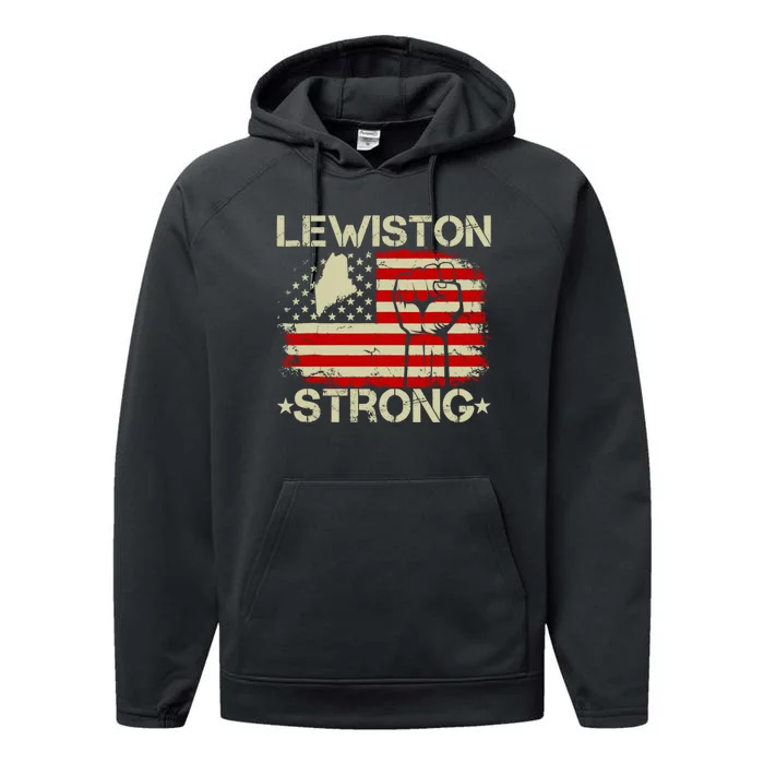 Lewiston Strong Vintage Usa Flag Performance Fleece Hoodie