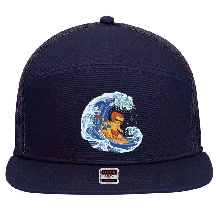 Lion Surfing Wave 7 Panel Mesh Trucker Snapback Hat