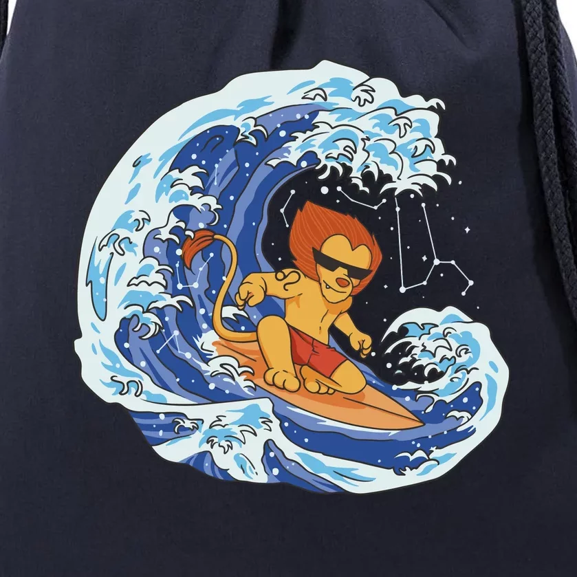 Lion Surfing Wave Drawstring Bag