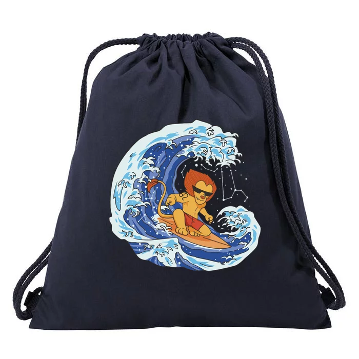 Lion Surfing Wave Drawstring Bag