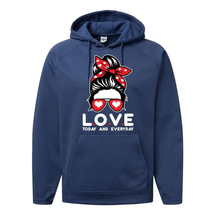 Love Today And Everyday Cute Valentine Hair Bun Performance Fleece Hoodie